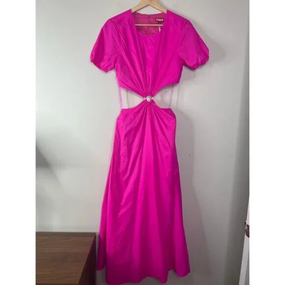 NWT Staud Calypso Cut-Out A-Line Puff Sleeve Zip Maxi Dress Bougainvillea Pink